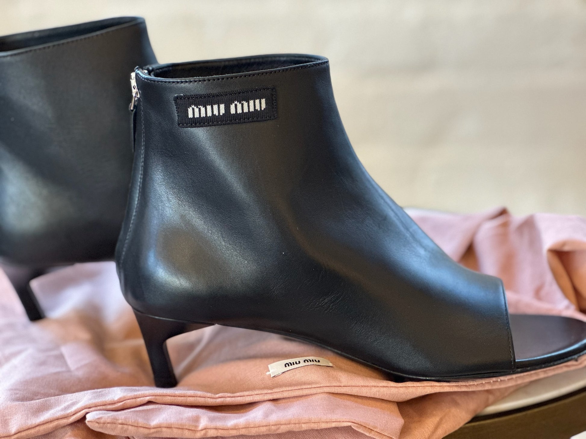 Miu Miu Black Ankle Peep Toe Booties Side View